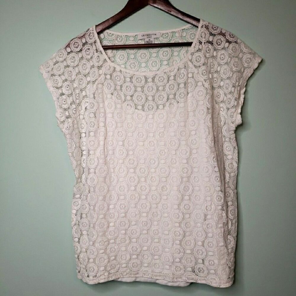 Liz Claiborne Womens White Lace Short Sleeve Shirt Tank Top Layered Bridal Sz 1X